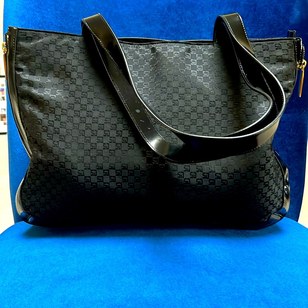 ST. JOHN Sport Black Logo Embossed Canvas Shoulder Bag Purse